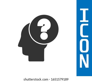 Grey Human head with question mark icon isolated on white background.  Vector Illustration