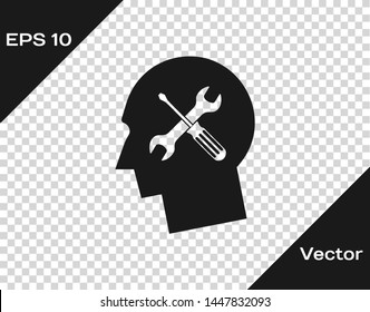 Grey Human head with with screwdriver and wrench icon isolated on transparent background. Artificial intelligence. Symbol work of brain.  Vector Illustration