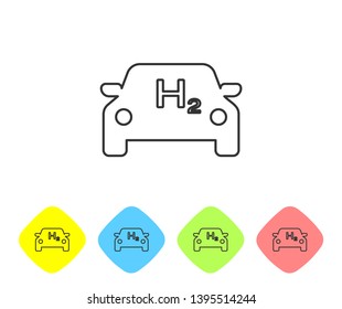 Grey Hydrogen car line icon isolated on white background. H2 station sign. Hydrogen fuel cell car eco environment friendly zero emission. Set icon in color rhombus buttons. Vector Illustration