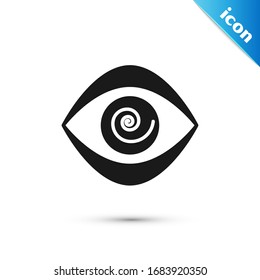 Icono de Hipnosis gris aislado en fondo blanco. Ojo humano con iris hipnótico espiral. Ilustración vectorial