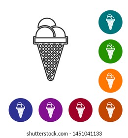 Grey Ice cream in waffle cone line icon isolated on white background. Sweet symbol. Set icon in color circle buttons. Vector Illustration