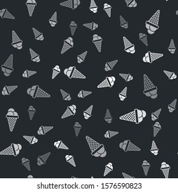 Grey Ice cream in waffle cone icon isolated seamless pattern on black background. Sweet symbol.  Vector Illustration