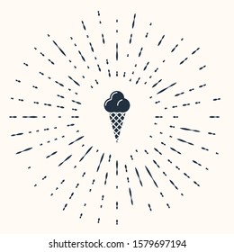 Grey Ice cream in waffle cone icon isolated on beige background. Sweet symbol. Abstract circle random dots. Vector Illustration