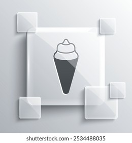 Grey Ice cream in waffle cone icon isolated on grey background. Sweet symbol. Square glass panels. Vector