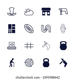Grey icon. collection of 16 grey filled and outline icons such as store, grid, pipe, nail gun, kettle bell, gear rotate, hat. editable grey icons for web and mobile.