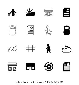 Grey icon. collection of 16 grey filled and outline icons such as old man with child, resume, man with case, sun cloud, store. editable grey icons for web and mobile.