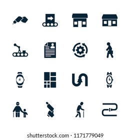 Grey icon. collection of 16 grey filled icons such as wrist watch, store, man with case, grid, gear rotate, pipe, nail gun, old man. editable grey icons for web and mobile.