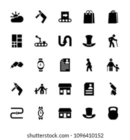Grey icon. collection of 25 grey filled icons such as wrist watch, pipe, shopping bag, nail gun, store, old man, old man with child. editable grey icons for web and mobile.