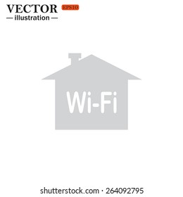 Grey icon on white background. The house is surrounded by a network wi-fi , vector illustration, EPS 10