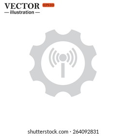 Grey icon on white background. Toothed setting controls via wi-fi network, vector illustration, EPS 10