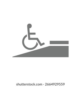 Un icono gris sobre un fondo blanco representa a una persona en silla de ruedas ascendiendo por una rampa de acceso, simbolizando un acceso sin barreras.