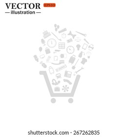 Grey icon on white background.  Set of icons. Put into shopping cart. Great buy. Cart of goods. Supermarket, web icon. vector design