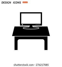 Grey icon on white background. Computer desk, workplace. icon. vector design