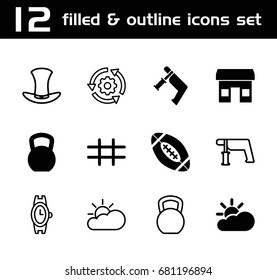 Grey icon. set of 12 grey filled and outline icons such as nail gun, grid, american football, sun cloud, wrist watch, hat, store, gear rotate
