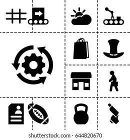 Grey icon. set of 13 filled greyicons such as shopping bag, nail gun, resume, man with case, hat, grid, american football, sun cloud, conveyor, conveyor and robot arm