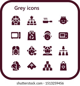 grey icon set. 16 filled grey icons.  Simple modern icons about  - Girl, Hierarchical structure, Frying pan, Microwave, Eco bag, Airplane, Gift bag