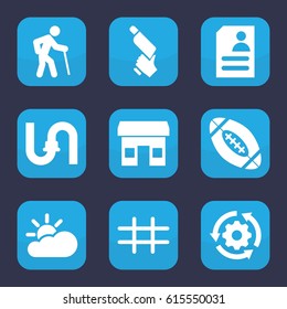 Grey icon. set of 9 filled grey icons such as pipe, nail gun, resume, grid, american football, sun cloud, gear rotate, store