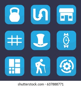Grey icon. set of 9 filled grey icons such as wrist watch, pipe, hat, grid, gear rotate, store, old man