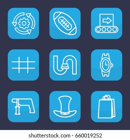 Grey icon. set of 9 outline grey icons such as wrist watch, pipe, shopping bag, nail gun, hat, grid, conveyor, american football