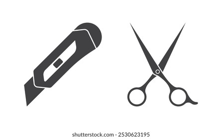 Iconos grises de tijeras y un cuchillo utilitario, diseño minimalista simple, herramientas de oficina, Ilustración vectorial.