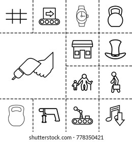 Grey icons. set of 13 editable outline grey icons such as nail gun, store, eating mouth, old man with child, kettle bell, man with case, hat, grid, conveyor