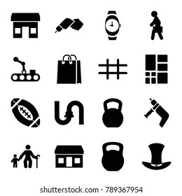 Grey icons. set of 16 editable filled grey icons such as pipe, store, old man with child, kettle bell, man with case, hat, grid, american football, conveyor and robot arm
