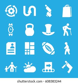 Grey icons set. set of 16 grey filled icons such as wrist watch, pipe, shopping bag, nail gun, resume, man with case, hat, grid, american football, sun cloud, conveyor