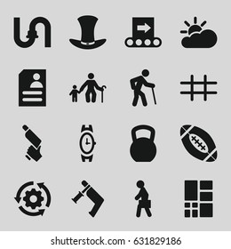 Grey icons set. set of 16 grey filled icons such as wrist watch, pipe, nail gun, resume, man with case, hat, grid, american football, sun cloud, conveyor, gear rotate, old man