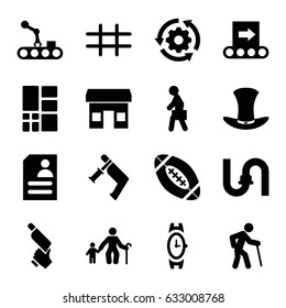 Grey icons set. set of 16 grey filled icons such as wrist watch, pipe, nail gun, resume, man with case, hat, grid, american football, conveyor, conveyor and robot arm
