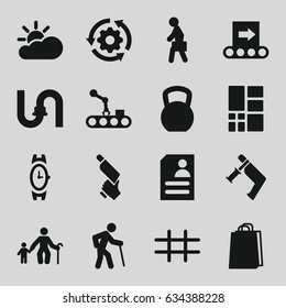 Grey icons set. set of 16 grey filled icons such as wrist watch, pipe, shopping bag, nail gun, resume, man with case, grid, sun cloud, conveyor, conveyor and robot arm