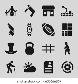 Grey icons set. set of 16 grey filled icons such as wrist watch, nail gun, resume, man with case, hat, grid, american football, sun cloud, conveyor and robot arm, gear rotate