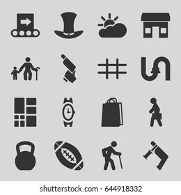 Grey icons set. set of 16 grey filled icons such as wrist watch, pipe, shopping bag, nail gun, man with case, hat, grid, american football, sun cloud, conveyor, store, old man