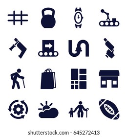 Grey icons set. set of 16 grey filled icons such as wrist watch, pipe, shopping bag, nail gun, grid, american football, sun cloud, conveyor, conveyor and robot arm