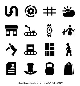 Grey icons set. set of 16 grey filled icons such as wrist watch, pipe, shopping bag, nail gun, resume, man with case, hat, grid, sun cloud, conveyor, conveyor and robot arm