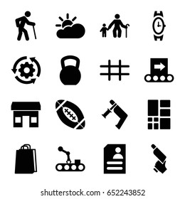Grey icons set. set of 16 grey filled icons such as wrist watch, shopping bag, nail gun, resume, grid, american football, sun cloud, conveyor, conveyor and robot arm