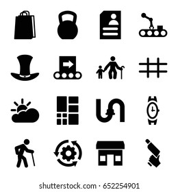 Grey icons set. set of 16 grey filled icons such as wrist watch, pipe, shopping bag, nail gun, resume, hat, grid, sun cloud, conveyor, conveyor and robot arm, gear rotate