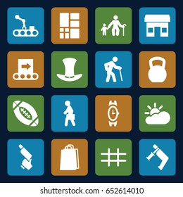Grey icons set. set of 16 grey filled icons such as wrist watch, shopping bag, nail gun, man with case, hat, grid, american football, sun cloud, conveyor