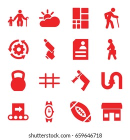 Grey icons set. set of 16 grey filled icons such as wrist watch, pipe, nail gun, resume, man with case, grid, american football, sun cloud, conveyor, gear rotate, store