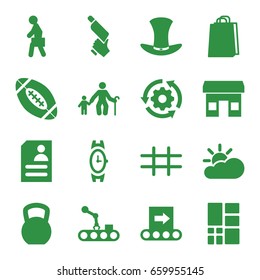 Grey icons set. set of 16 grey filled icons such as wrist watch, shopping bag, nail gun, resume, man with case, hat, grid, american football, sun cloud, conveyor