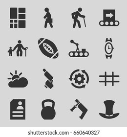 Grey icons set. set of 16 grey filled icons such as wrist watch, nail gun, resume, man with case, hat, grid, american football, sun cloud, conveyor, conveyor and robot arm