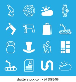 Grey icons set. set of 16 grey filled and outline icons such as pipe, shopping bag, nail gun, hat, grid, sun cloud, conveyor and robot arm, wrist watch, resume, gear rotate