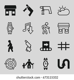 Grey icons set. set of 16 grey filled and outline icons such as wrist watch, pipe, nail gun, man with case, grid, conveyor, sun cloud, store, gear rotate, old man with child