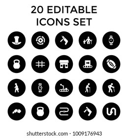 Grey icons. set of 20 editable filled grey icons such as wrist watch, pipe, nail gun, store, old man, old man with child. best quality grey elements in trendy style.