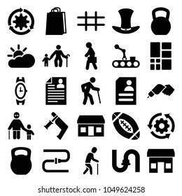 Grey icons. set of 25 editable filled grey icons such as wrist watch, pipe, shopping bag, nail gun, store, old man, old man with child, kettle bell, resume, gear rotate