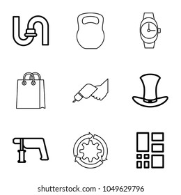 Grey icons. set of 9 editable outline grey icons such as pipe, nail gun, hat, grid, wrist watch, shopping bag, kettle bell