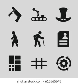 Grey icons set. set of 9 grey filled icons such as nail gun, resume, man with case, hat, grid, conveyor and robot arm, gear rotate