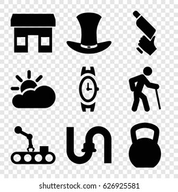 Grey icons set. set of 9 grey filled icons such as wrist watch, pipe, nail gun, hat, sun cloud, conveyor and robot arm, store, old man
