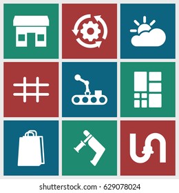 Grey icons set. set of 9 grey filled icons such as pipe, shopping bag, nail gun, grid, sun cloud, conveyor and robot arm, gear rotate