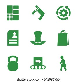 Grey icons set. set of 9 grey filled icons such as shopping bag, nail gun, resume, man with case, hat, grid, conveyor, gear rotate