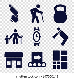 Grey Icons Set. Set Of 9 Grey Filled Icons Such As Wrist Watch, Nail Gun, Grid, Conveyor, Store, Old Man, Old Man With Child